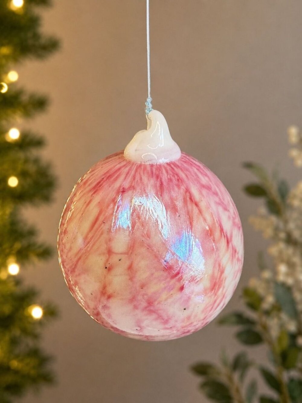 Hand Blown Art Glass Friendship Ball Witch Ball Pink White Freeform Swirl 3"